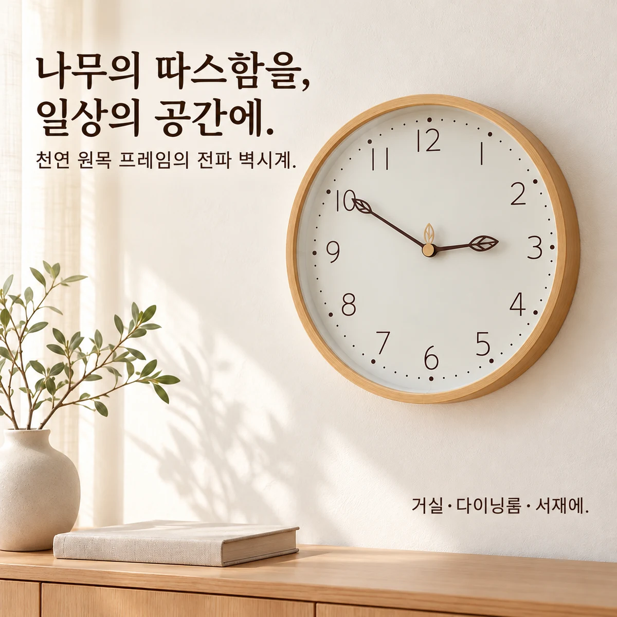 원목 전파 벽시계 30cm의 전체 디자인과 원목 프레임